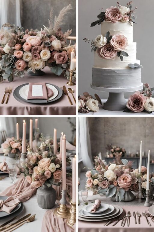 A photo collage of dusty pink, grey, and tan wedding color ideas.