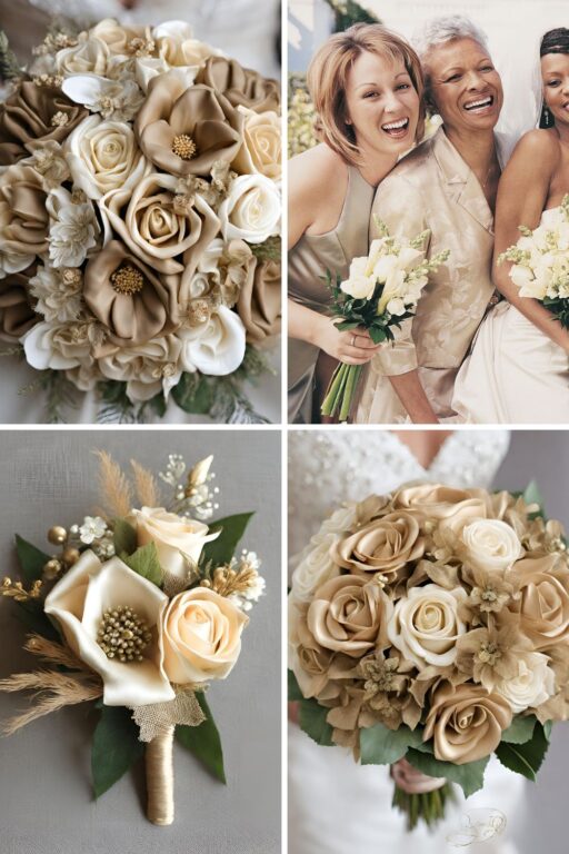 A photo collage of champagne, gold, and khaki wedding color ideas.