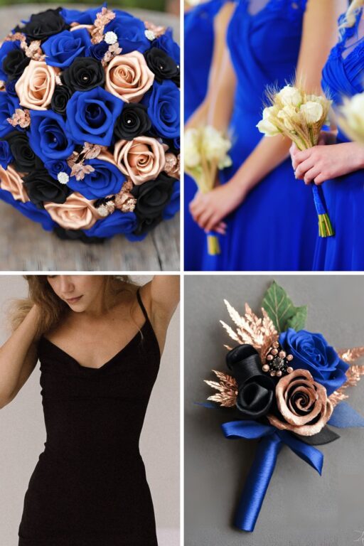 A photo collage of royal blue, black, and rose gold wedding color ideas.