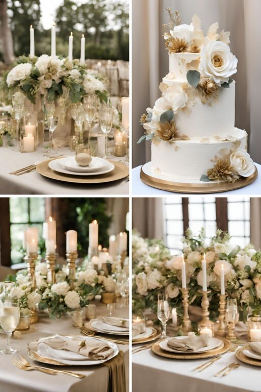 A photo collage of champagne, gold, and khaki wedding color ideas.