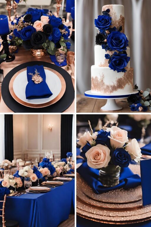 A photo collage of royal blue, black, and rose gold wedding color ideas.