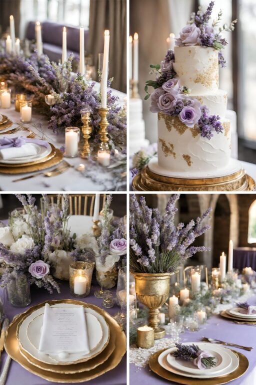 A photo collage of lavender, gold, off-white, and white wedding color ideas.