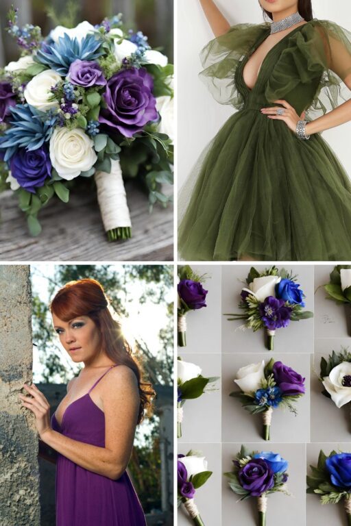 A photo collage of army green, purple, blue, and white wedding color ideas.