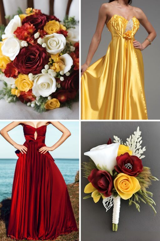 A photo collage of red, yellow, and white wedding color ideas.