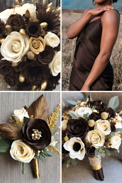 A photo collage of dark brown, gold, and cream wedding color ideas.