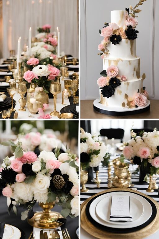 A photo collage of black, light pink, gold, and white wedding color ideas.