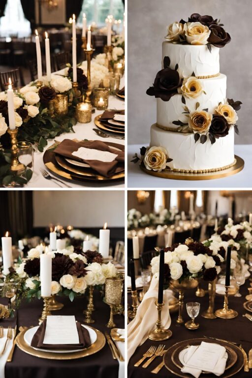 A photo collage of dark brown, gold, and cream wedding color ideas.