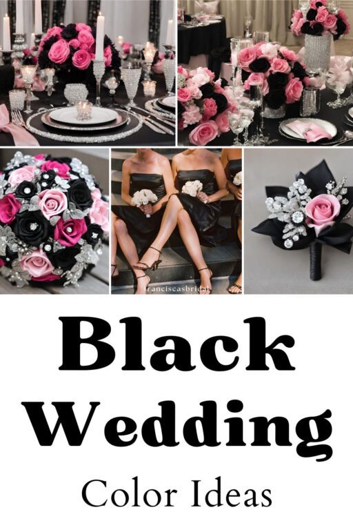 A photo collage of black and pink wedding color ideas.