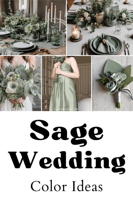 A photo collage of sage green wedding color ideas.