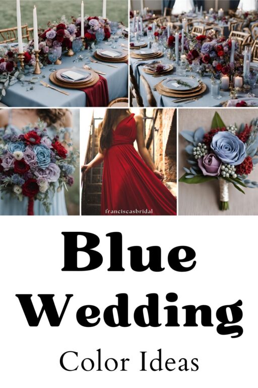 A photo collage of dusty blue and red wedding color ideas.