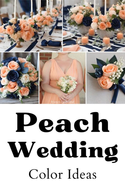 A photo collage of peach and navy wedding color ideas.