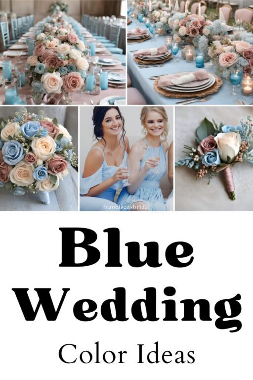 A photo collage of dusty rose and baby blue wedding color ideas.