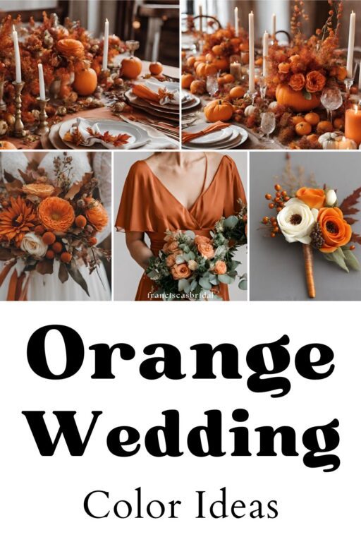 A photo collage of orange autumn wedding color ideas.