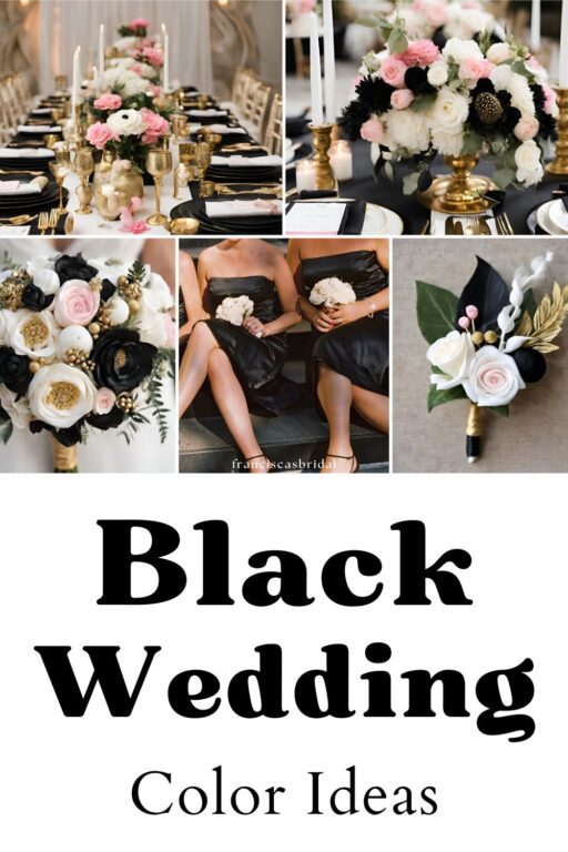 A photo collage of black and light pink wedding color ideas.