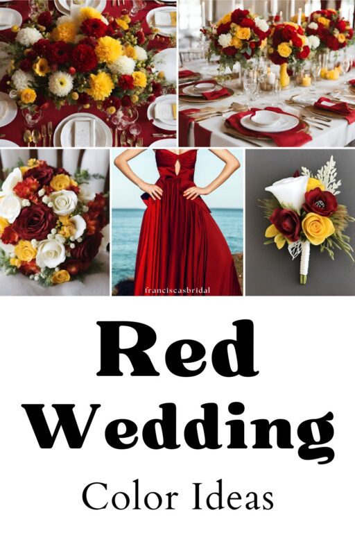 A photo collage of red and yellow wedding color ideas.