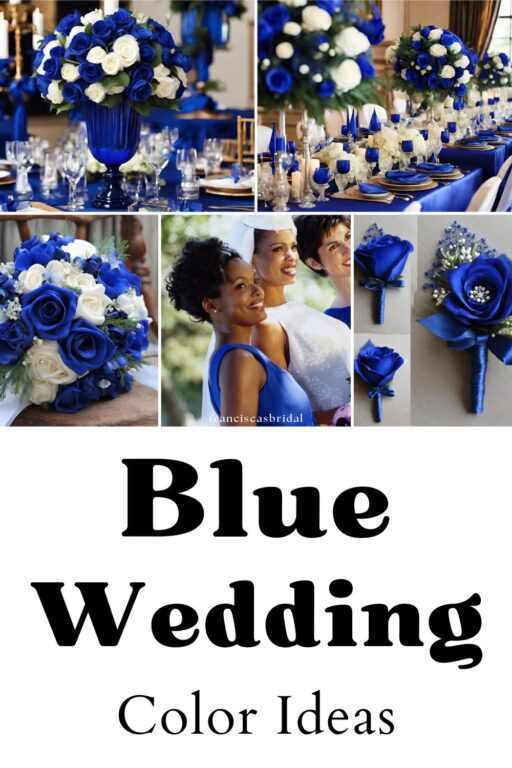 A photo collage of royal blue wedding color ideas.