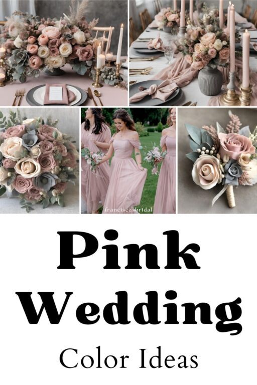 A photo collage of dusty pink wedding color ideas.