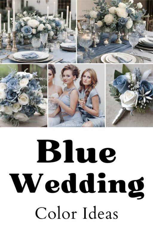 A photo collage of dusty blue and silver wedding color ideas.
