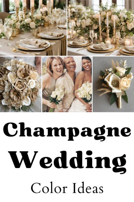 A photo collage of champagne wedding color ideas.