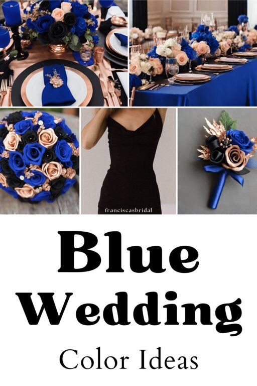 A photo collage of royal blue wedding color palette ideas.