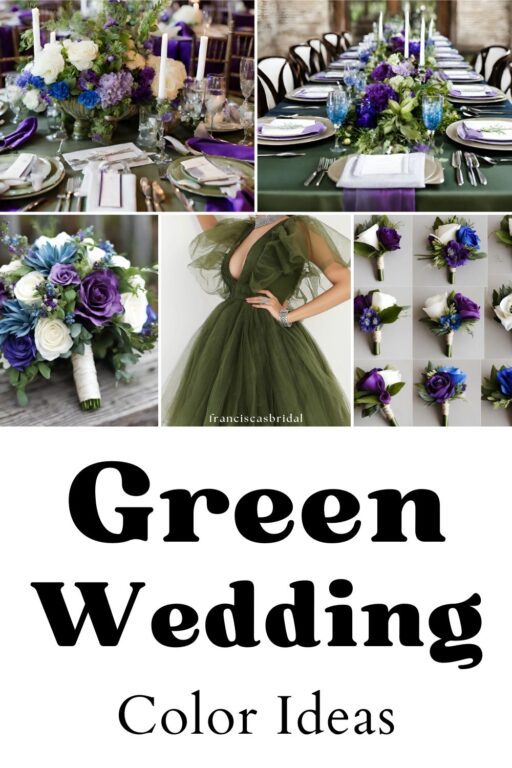 A photo collage of army green wedding color ideas.