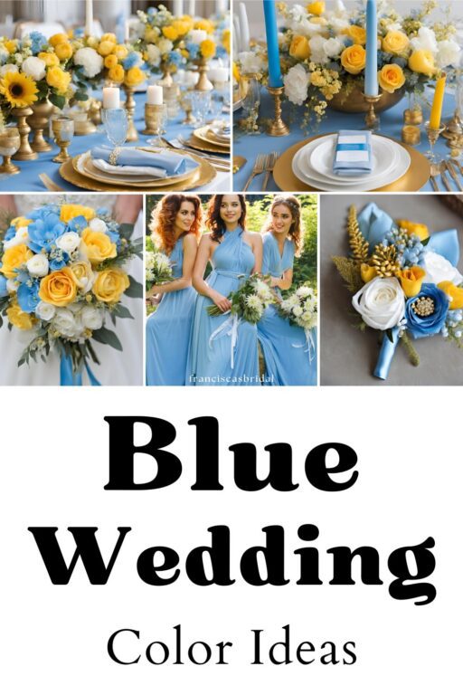A photo collage of blue and yellow wedding color ideas.