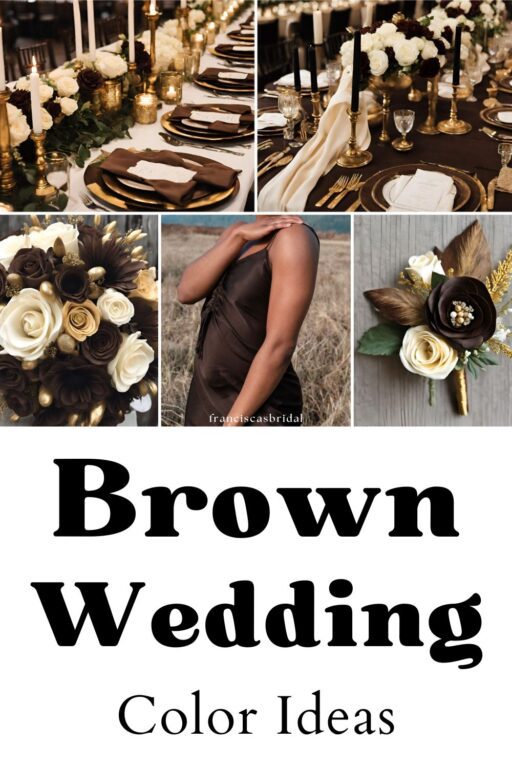 A photo collage of dark brown wedding color ideas.