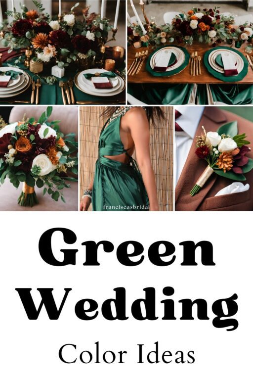 A photo collage of emerald green wedding color ideas.