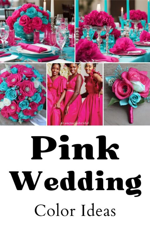 A photo collage of hot pink and aqua wedding color ideas.