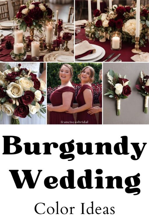 A photo collage of burgundy wedding color ideas.