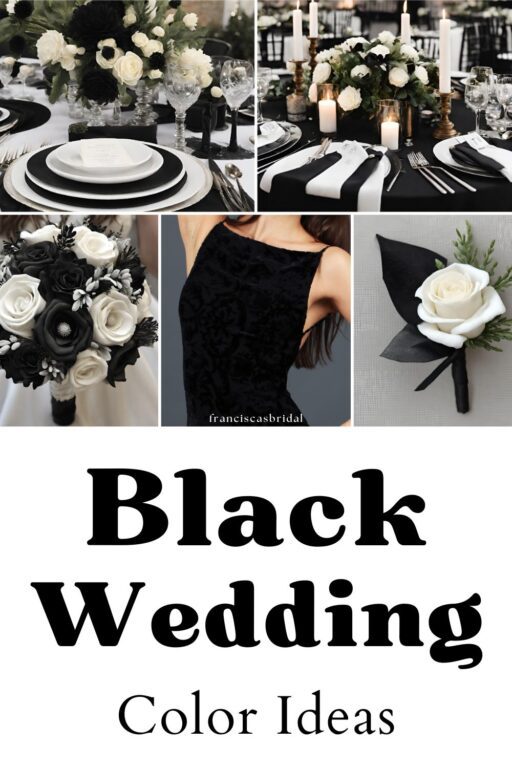 A photo collage with black wedding color ideas.
