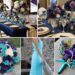 A photo collage of navy, purple, champagne, and turquoise wedding color ideas.