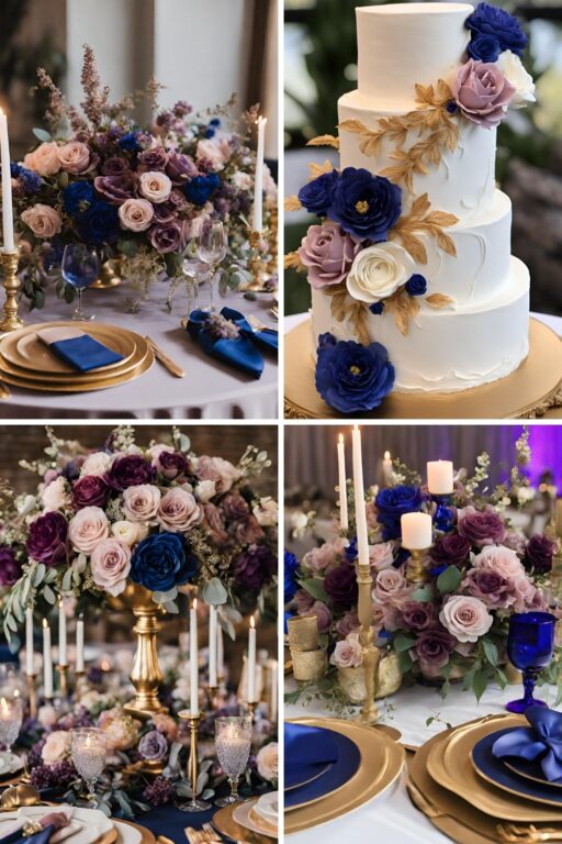 A photo collage of royal blue, mauve, and gold wedding color ideas.