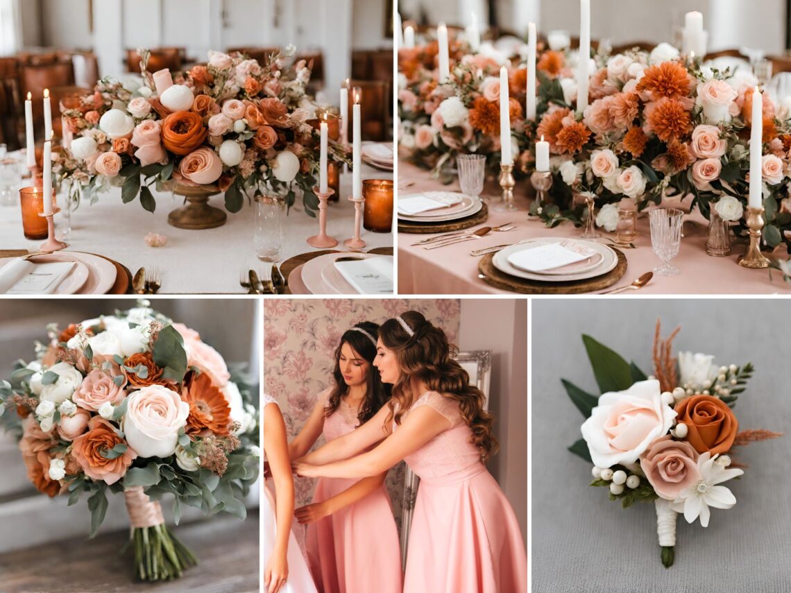 A photo collage of burnt orange, blush pink, and white wedding color ideas.