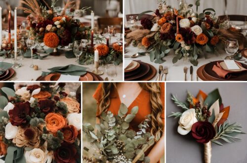 A photo collage of brown, beige, rust orange, dark sage green, and burgundy wedding color ideas.
