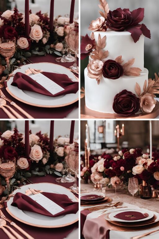 A photo collage of burgundy and rose gold wedding color ideas.