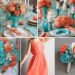 A photo collage of turquoise blue, coral, and white wedding color ideas.
