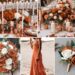 A photo collage of burnt orange and rose gold wedding color ideas.