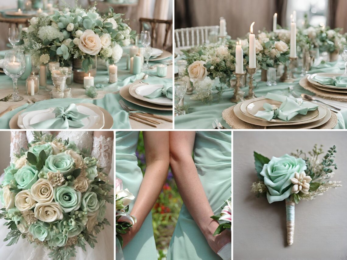 A photo collage of mint green and beige wedding color ideas.