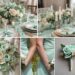 A photo collage of mint green and beige wedding color ideas.