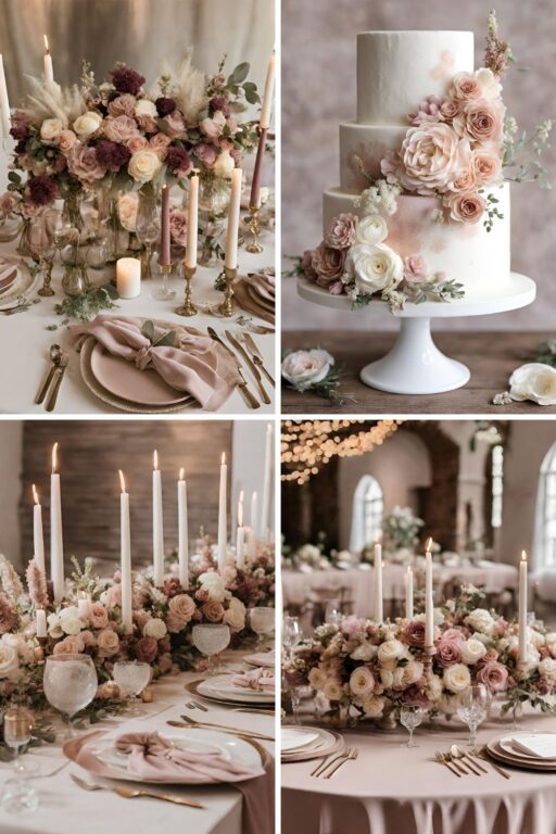 A photo collage of dusty pink, mauve, cream, and beige wedding color ideas.