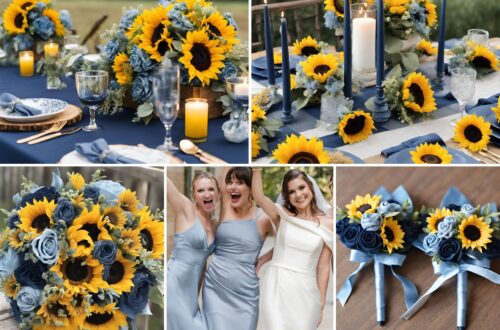 A photo collage of dusty blue, navy blue, and sunflower wedding color ideas.