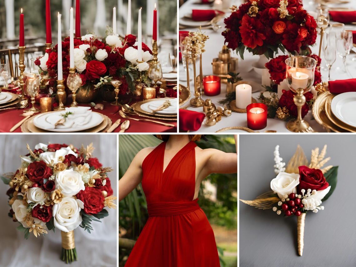 A photo collage of red, gold, and white wedding color ideas.