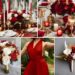 A photo collage of red, gold, and white wedding color ideas.