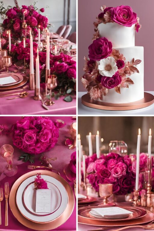 A photo collage of fuchsia and rose gold wedding color ideas.