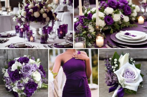 A photo collage of purple and white wedding color ideas.