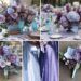 A photo collage of lilac, sky blue, and purple wedding color ideas.
