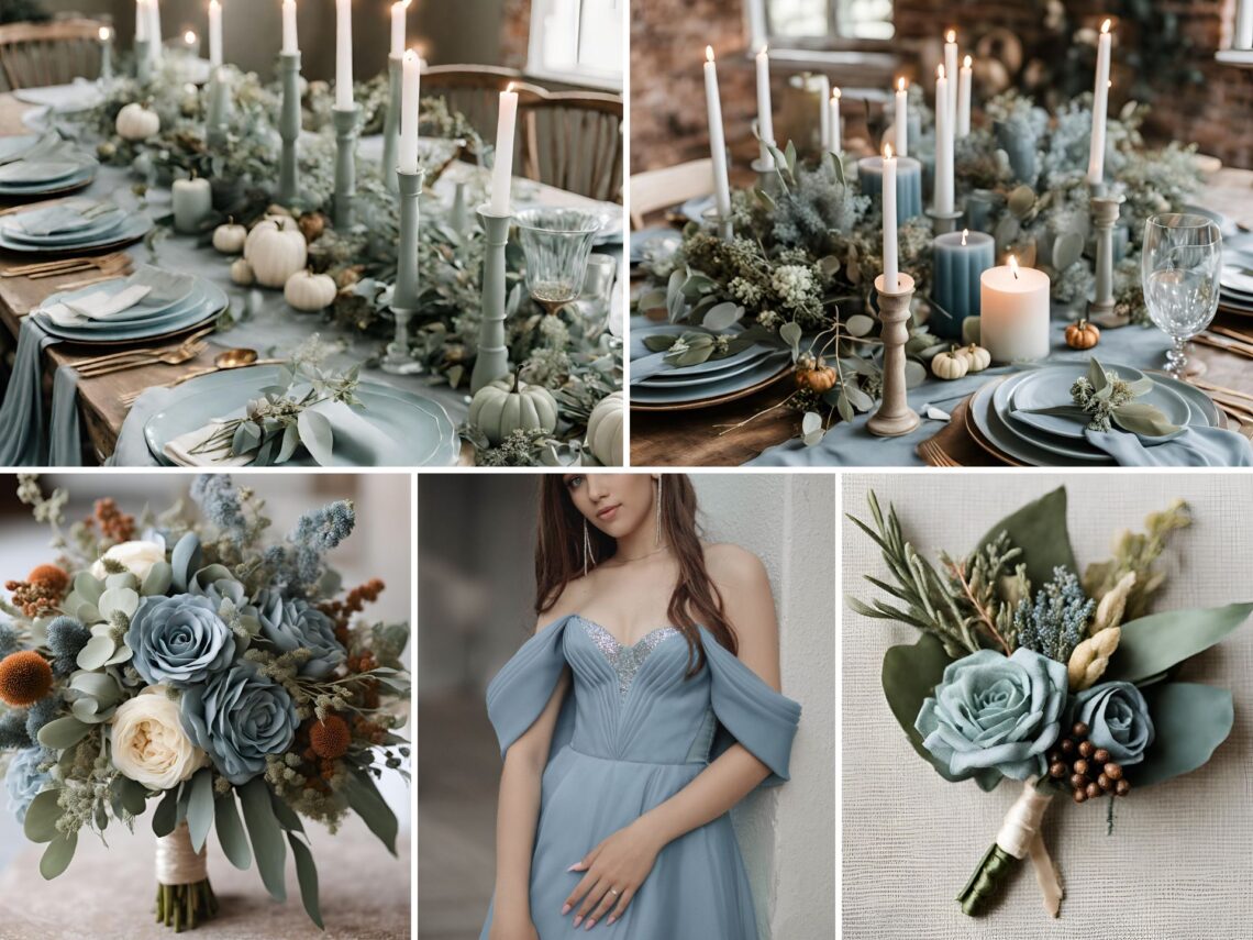 A photo collage of sage green and dusty blue fall themed wedding color ideas.