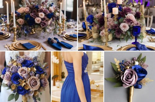 A photo collage of royal blue, mauve, and gold wedding color ideas.