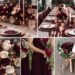 A photo collage of burgundy and rose gold wedding color ideas.